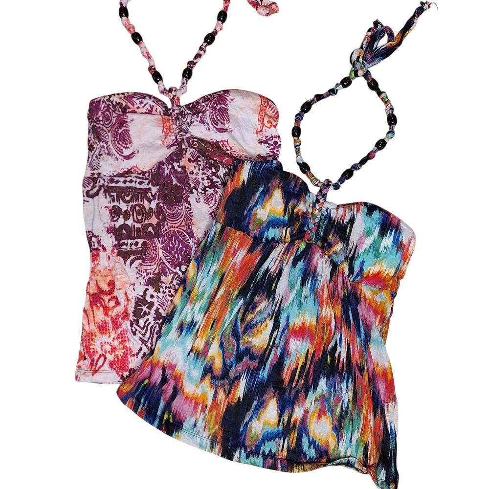 NO BOUNDARIES bundle of 2 Y2K vintage beaded halter tops colorful print boho